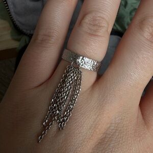 Silver Textured Ring with Chain Tassel , size 5.5
